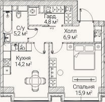 Планировка: 1-к, 47 м²
