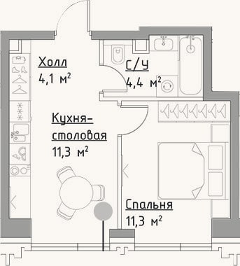 Планировка: 2-к, 31,1 м²