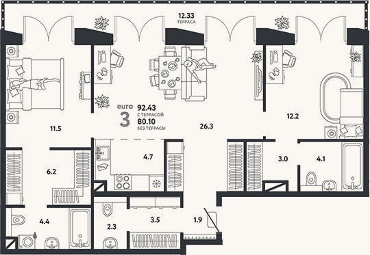 Планировка: 3-к, 80,1 м²