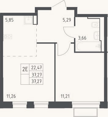 Планировка: 2-к, 37,3 м²