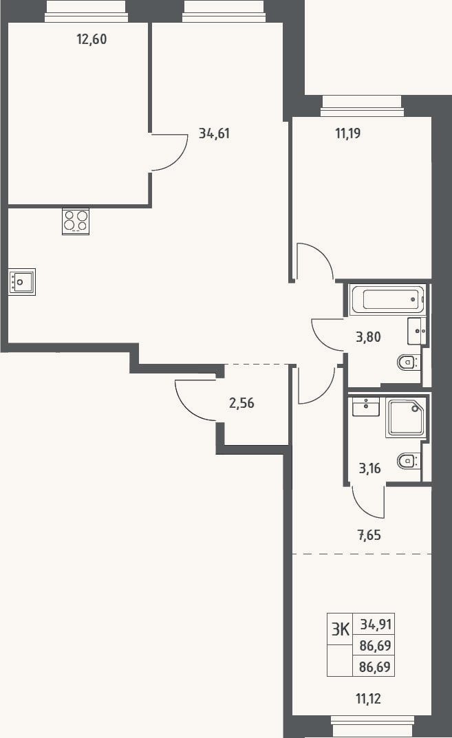Планировка: 3-к, 86,7 м²
