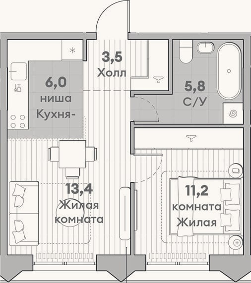 Планировка: 2-к, 39,9 м²