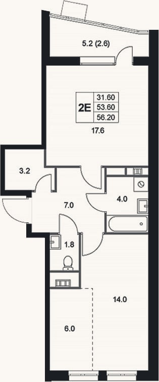 Планировка: 2-к, 53,6 м²