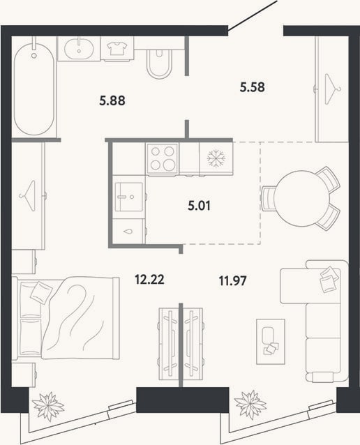 Планировка: 1-к, 40,7 м²