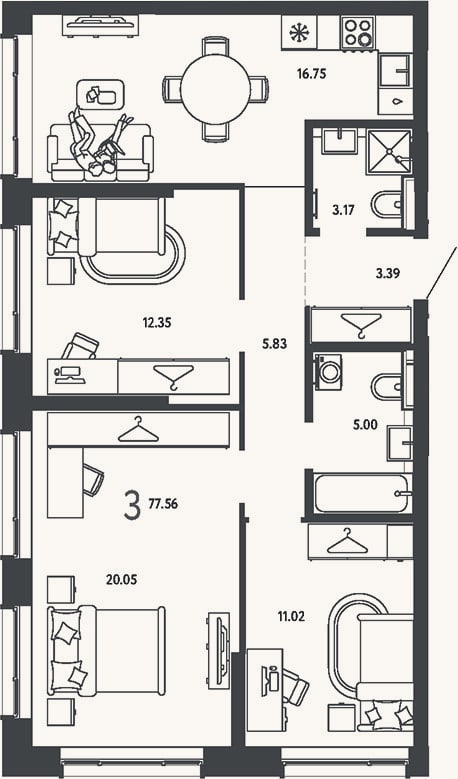 Планировка: 3-к, 77,6 м²