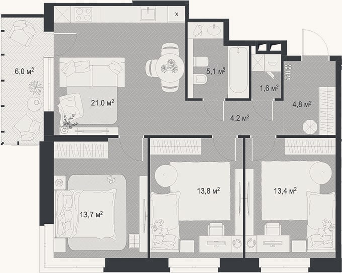 Планировка: 4+ к, 77,6 м²