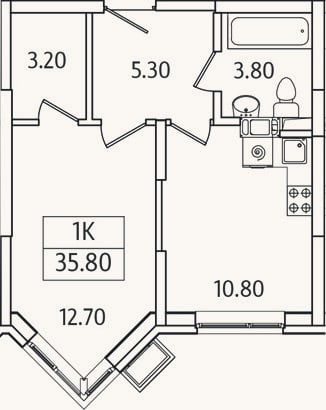 Планировка: 1-к, 35,8 м²