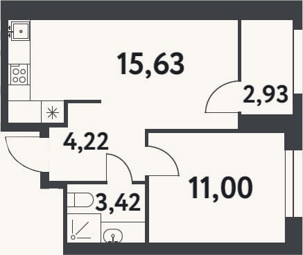 Планировка: 1-к, 34,3 м²