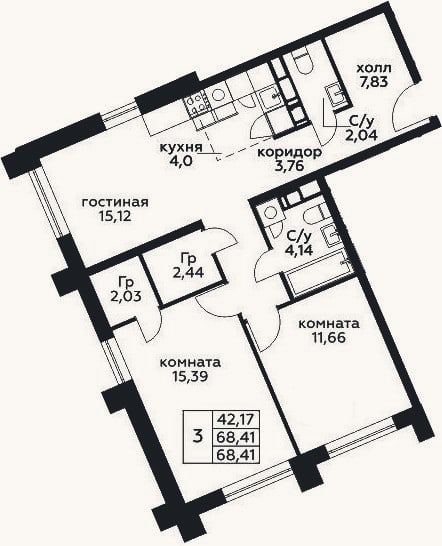 Планировка: 3-к, 68,4 м²