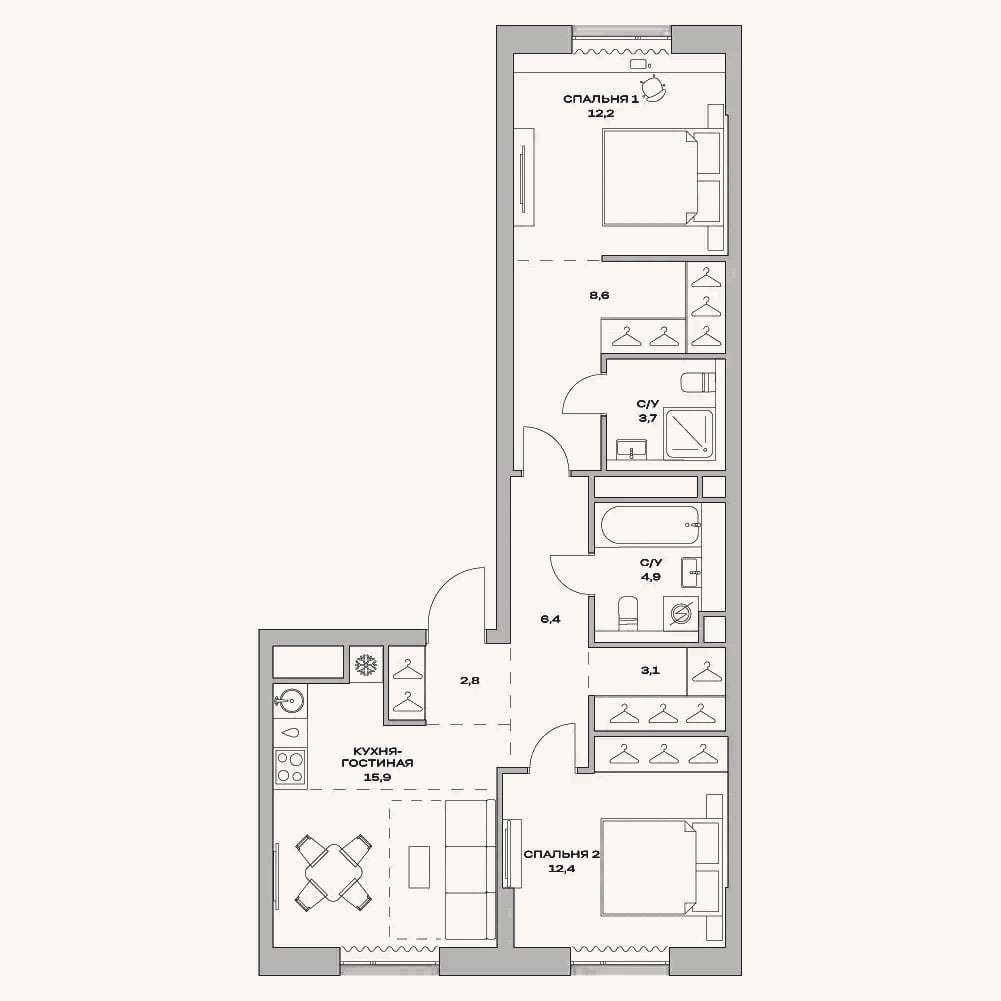 Планировка: 3-к, 70,1 м²