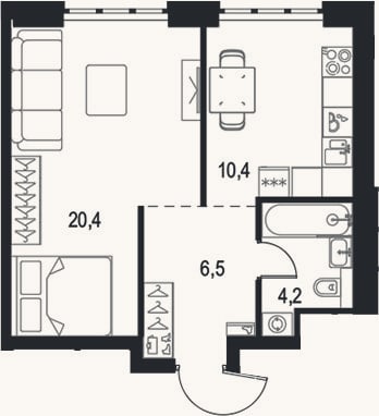 Планировка: 1-к, 41,5 м²