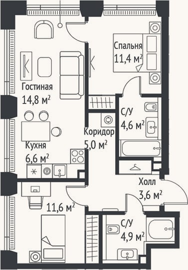 Планировка: 3-к, 61,4 м²