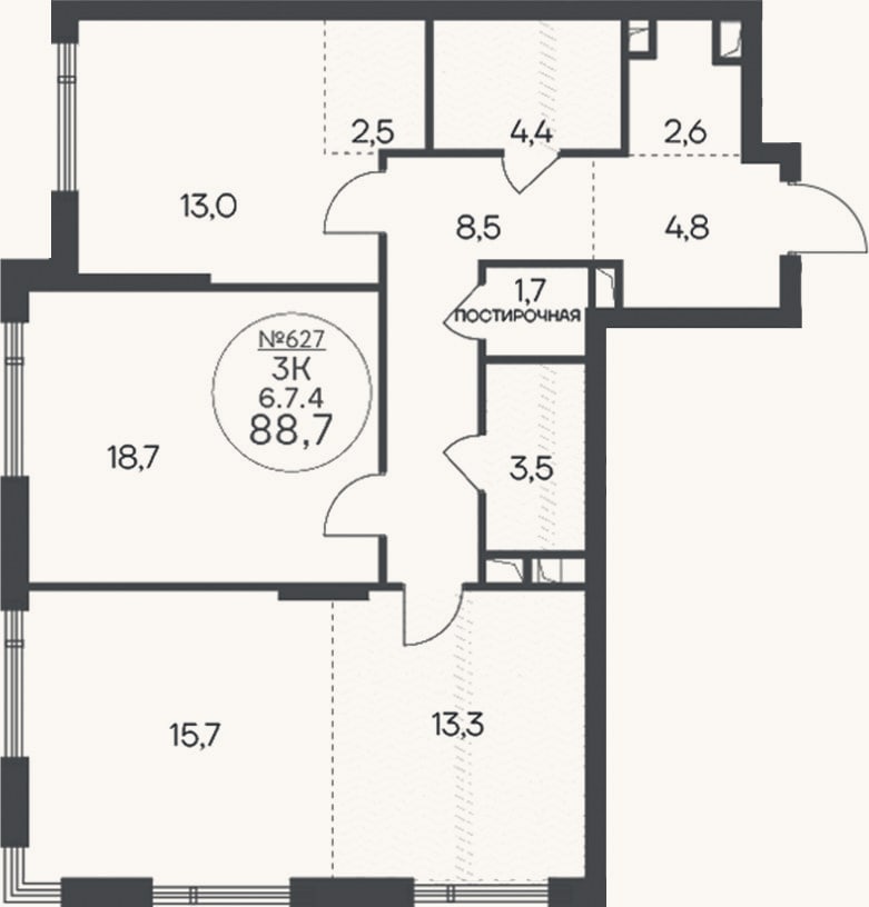 Планировка: 3-к, 88,7 м²