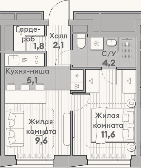 Планировка: 2-к, 34,4 м²