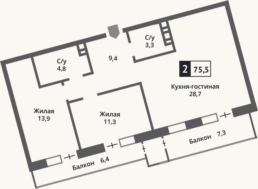 Планировка: 3-к, 71,5 м²