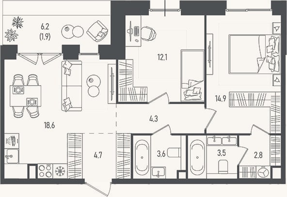 Планировка: 3-к, 64,5 м²