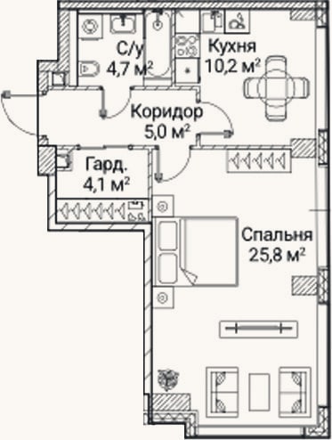 Планировка: 1-к, 50,4 м²