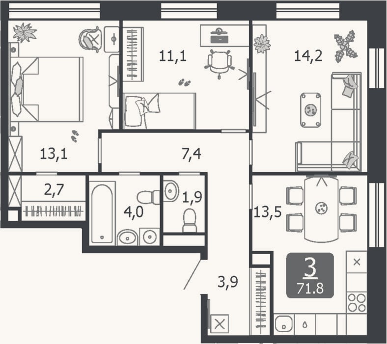 Планировка: 3-к, 71,8 м²