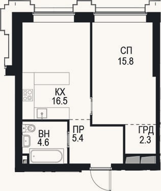 Планировка: 1-к, 44,6 м²