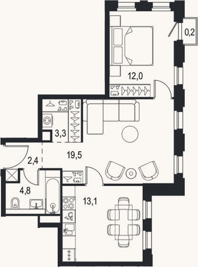 Планировка: 2-к, 55,1 м²