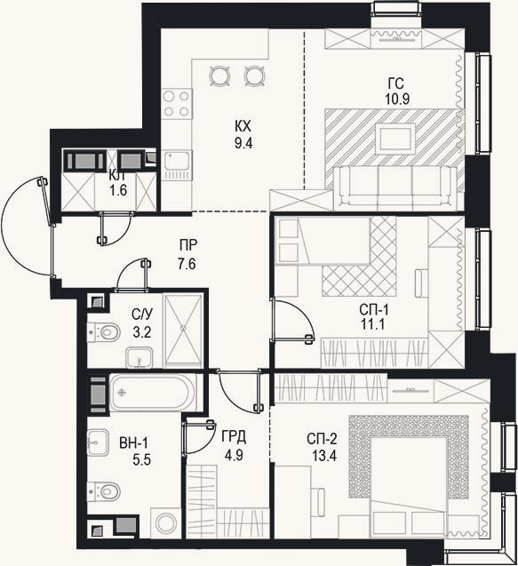 Планировка: 3-к, 67,6 м²