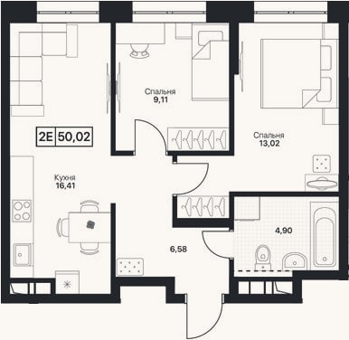 Планировка: 3-к, 50 м²