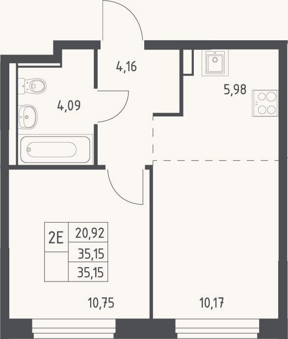 Планировка: 2-к, 35,2 м²