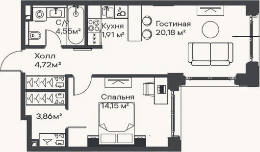 Планировка: 2-к, 49,4 м²