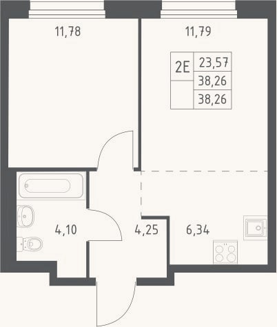 Планировка: 2-к, 38,3 м²