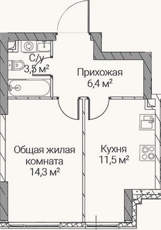 Планировка: 1-к, 35,7 м²