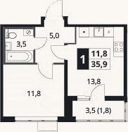 Планировка: 1-к, 34 м²