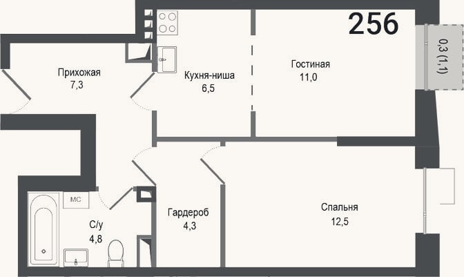 Планировка: 2-к, 46,4 м²