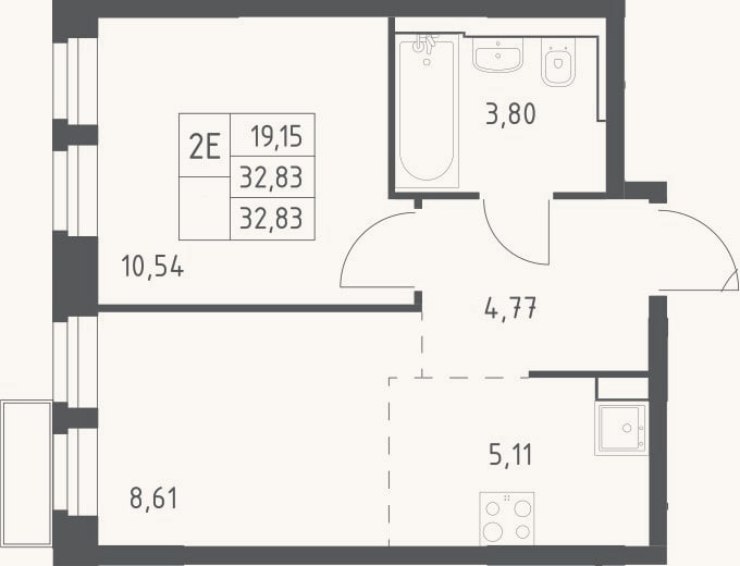 Планировка: 2-к, 32,8 м²