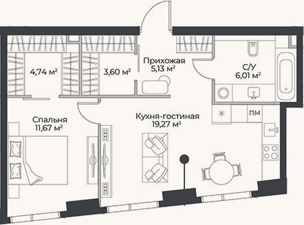 Планировка: 2-к, 50,4 м²