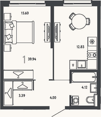 Планировка: 1-к, 39,9 м²