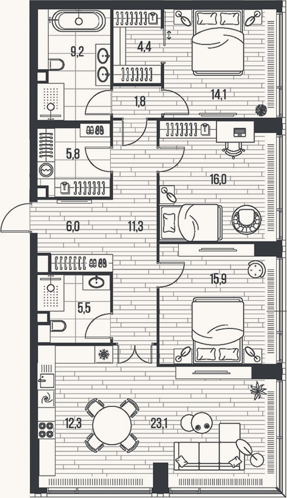 Планировка: 4+ к, 125,4 м²