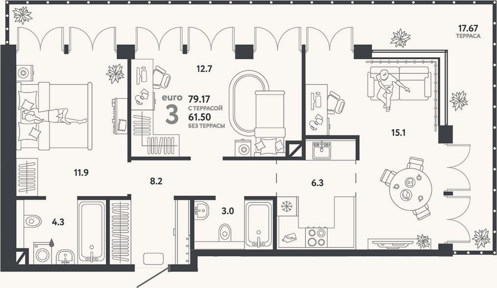 Планировка: 3-к, 61,5 м²