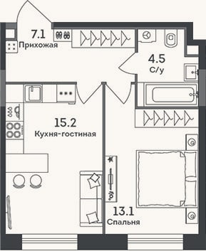 Планировка: 2-к, 39,9 м²