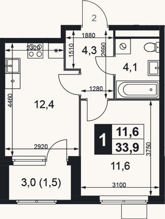Планировка: 1-к, 32,4 м²