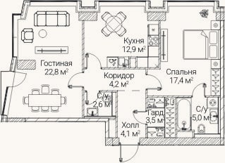 Планировка: 2-к, 72,1 м²