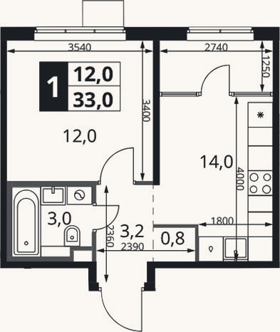 Планировка: 1-к, 33 м²