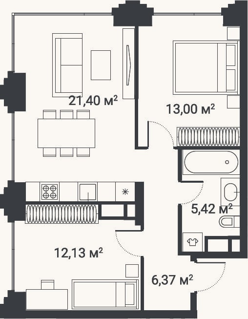 Планировка: 3-к, 56,5 м²