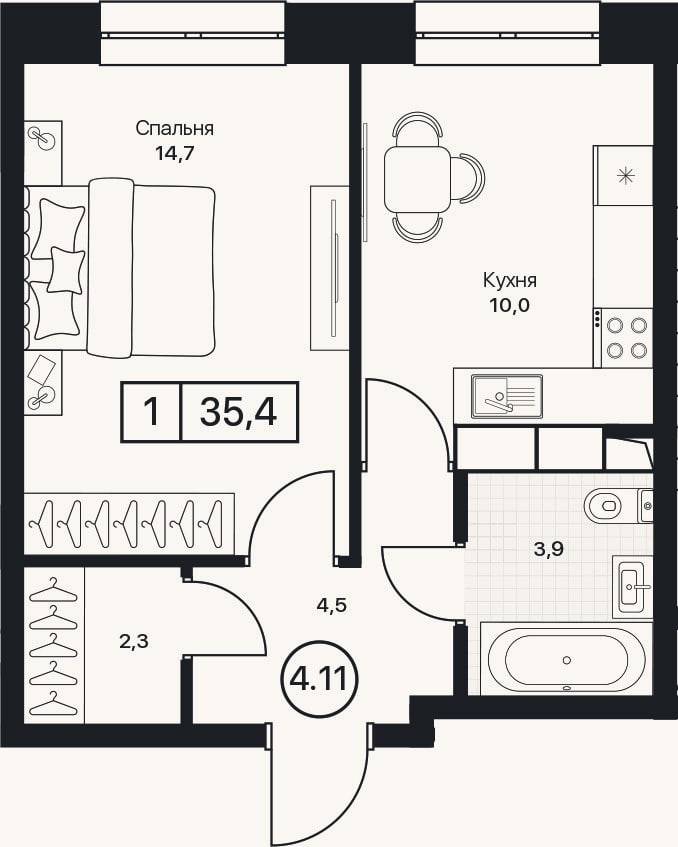Планировка: 1-к, 35,4 м²