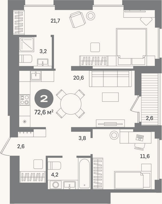 Планировка: 2-к, 70 м²