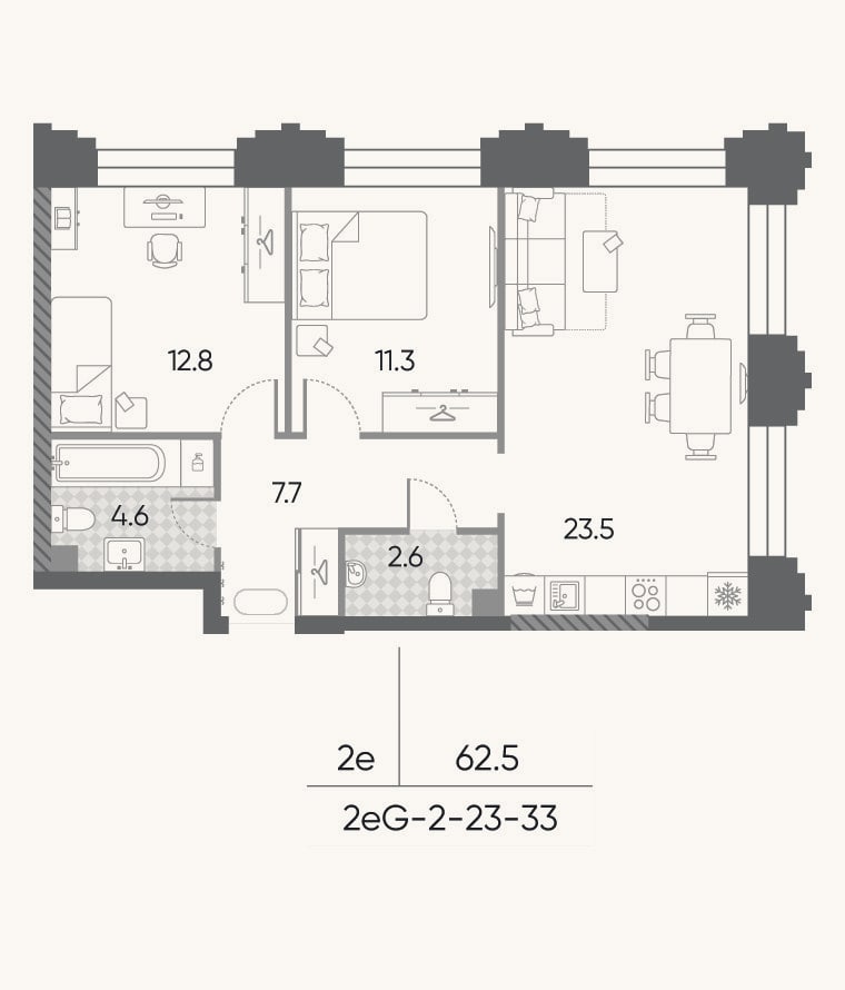 Планировка: 3-к, 62,5 м²