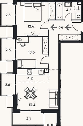 Планировка: 3-к, 55,1 м²