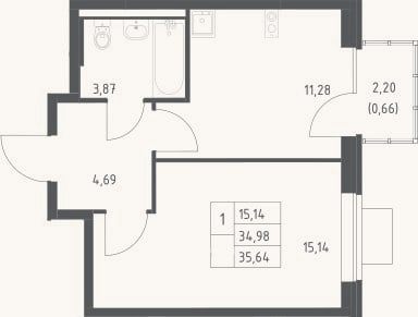 Планировка: 1-к, 35 м²