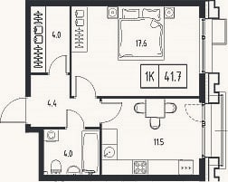 Планировка: 1-к, 41,5 м²
