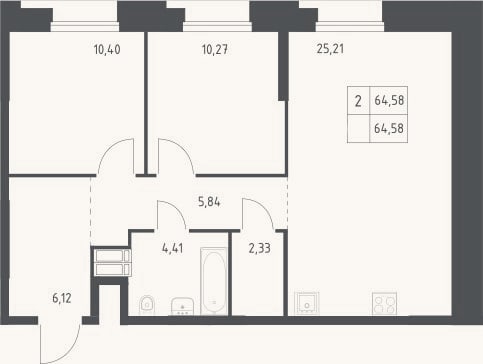 Планировка: 3-к, 64,6 м²