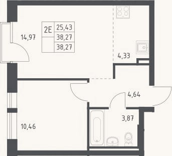 Планировка: 2-к, 38,3 м²
